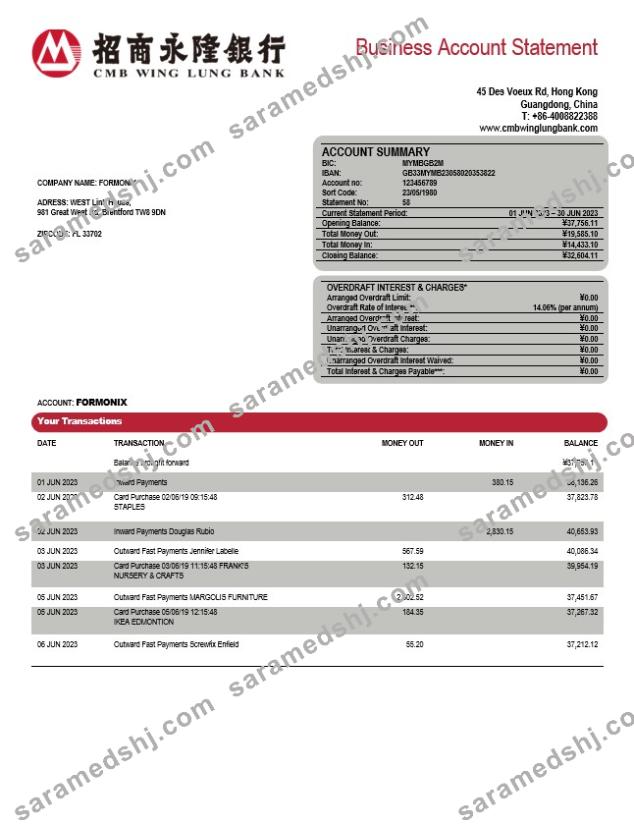 Wing Lung Bank company account statement Word and PDF template